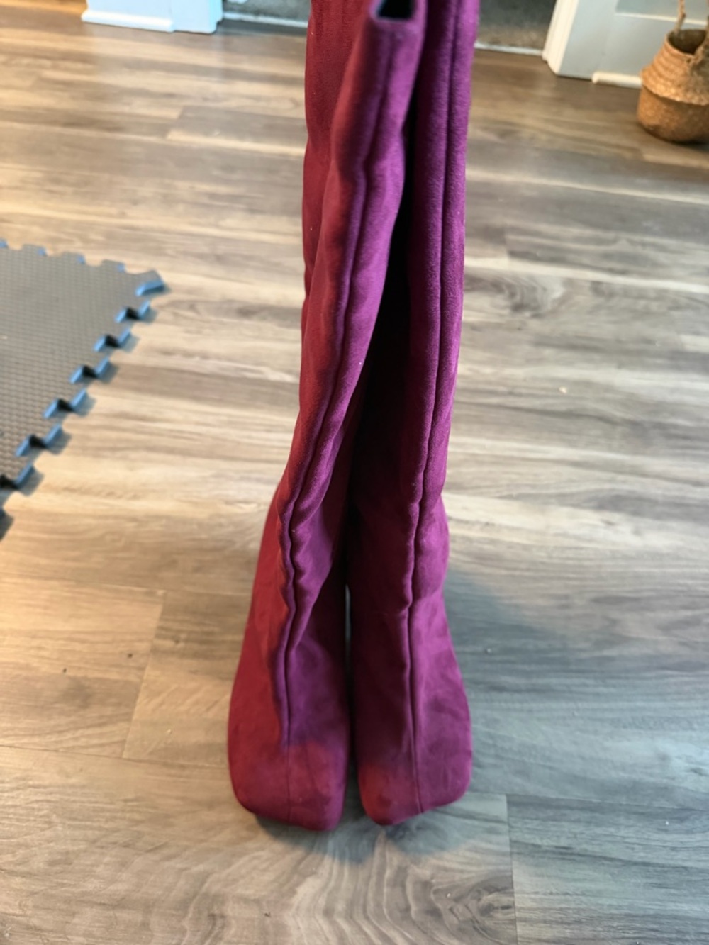 Red Wine Suede Knee High Heel Boots - Picture 3 of 4